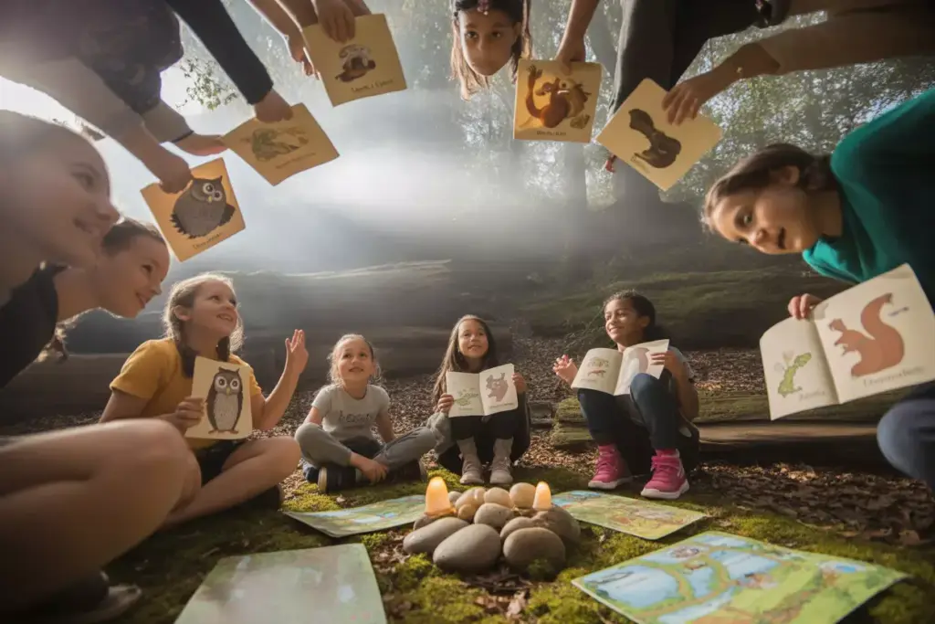 Enchanted Storytelling Circle Children On Mossy Logs With Voice Cards In Foggy Forest Amphitheater