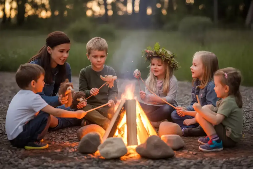 Family Campfire Storytelling With Handmade Stick Puppets And Led Campfire Simulator