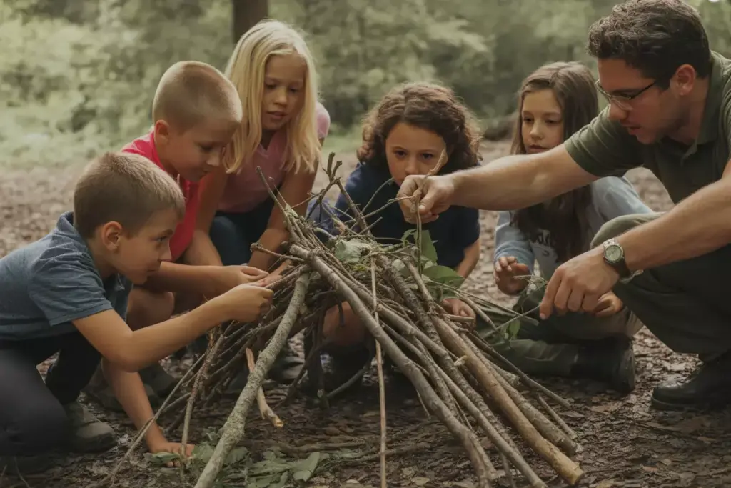 Family Learning Wilderness Survival Skills By Building A Stick Shelter Together