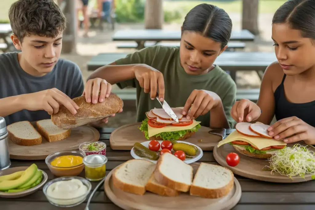Gourmet Sandwich Architecture With Fresh Ingredients And Campers Collaborating At Summer Camp Lunch