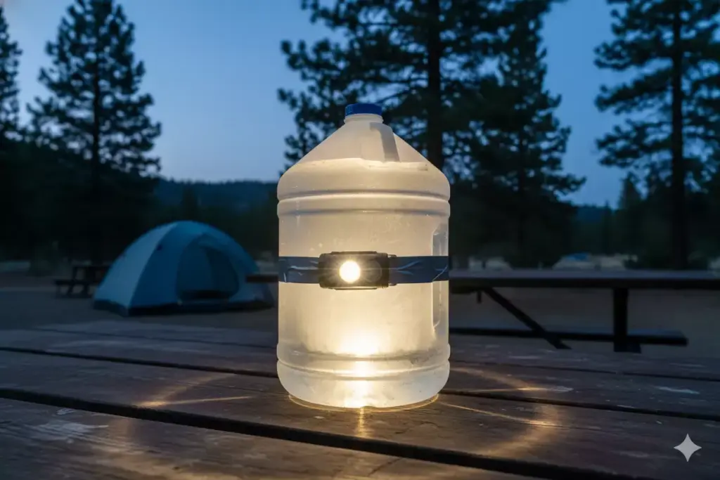 A headlamp shines through a water jug on a picnic table at a campsite with a tent and trees in the background.