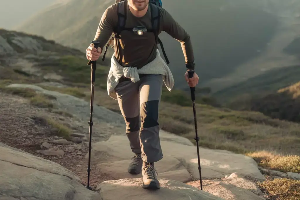 A hiker with trekking poles climbs a rocky trail in the mountains, wearing outdoor gear and a backpack.