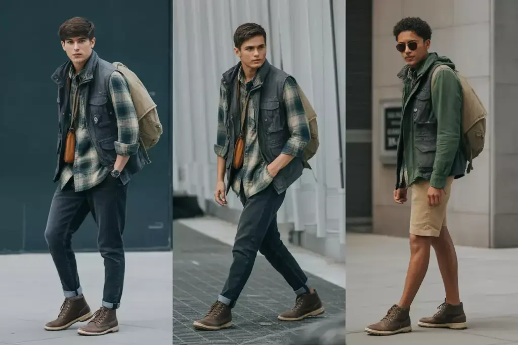 Three young men wear casual outdoor outfits with plaid shirts, vests, backpacks, and brown shoes in an urban setting.