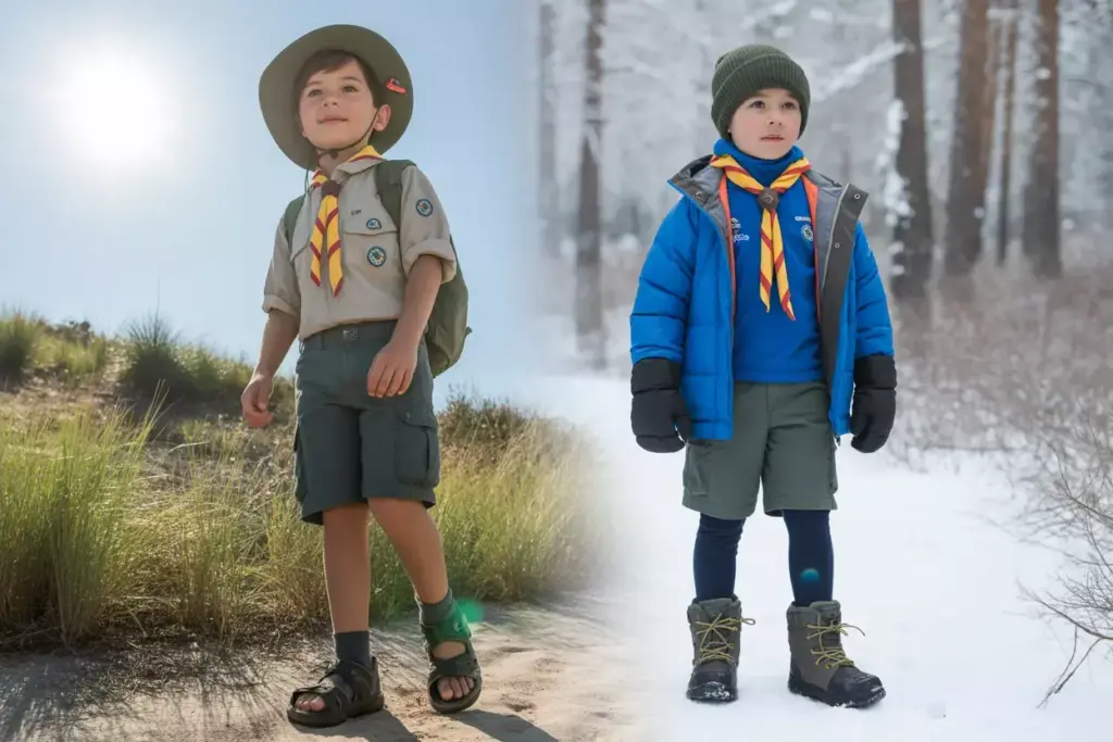 Two boys in scout uniforms stand outdoors, one in summer gear, the other in winter clothing with snow.