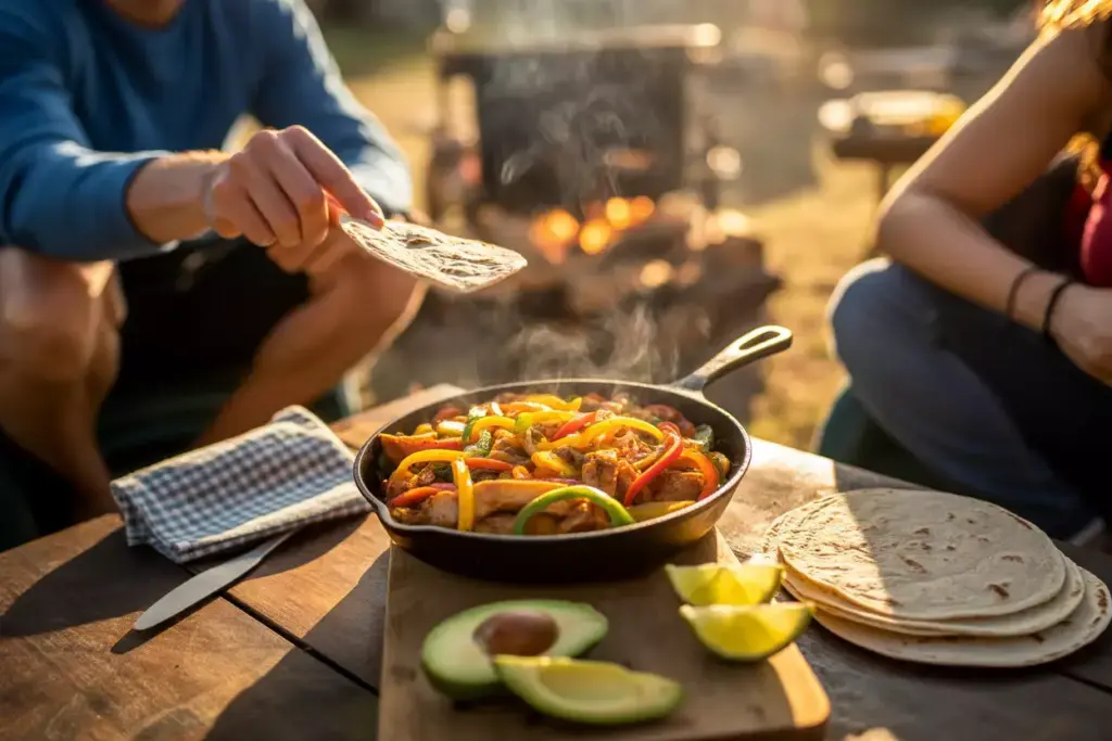 sizzling campfire chicken fajitas colorful peppers onions tortillas cast iron skillet outdoor meal