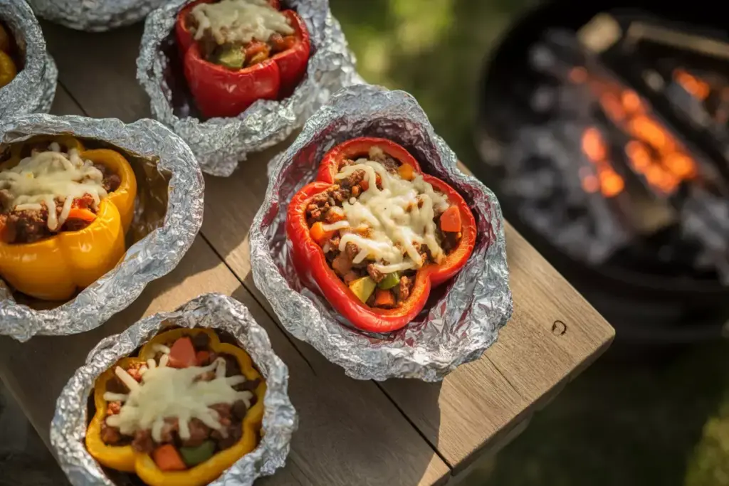 2 Stuffed Bell Peppers In Foil Packets With Melted Cheese And Meat Revealed