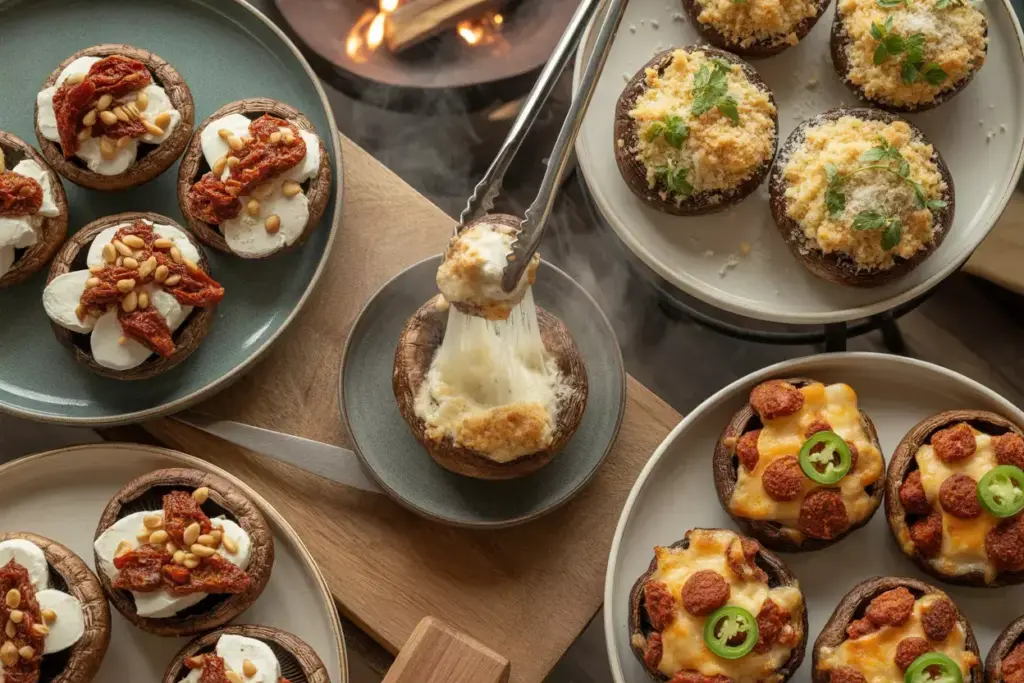 2 Stuffed Portobello Mushrooms With Three Gourmet Fillings On Wooden Board By Fire