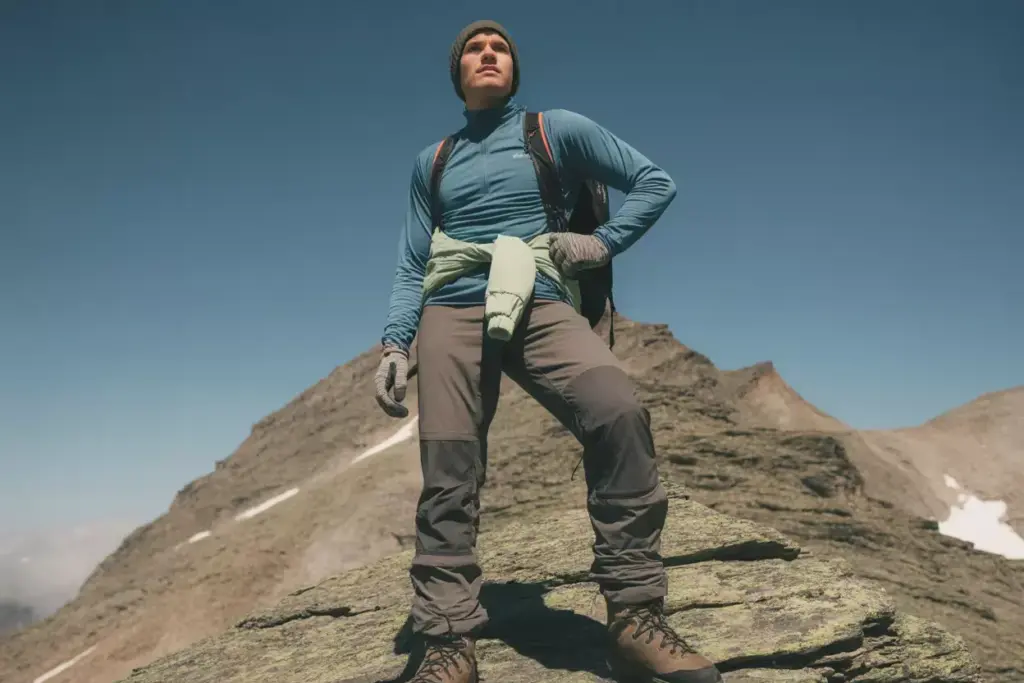 Person in hiking gear stands confidently on a rocky mountain with a clear blue sky in the background.
