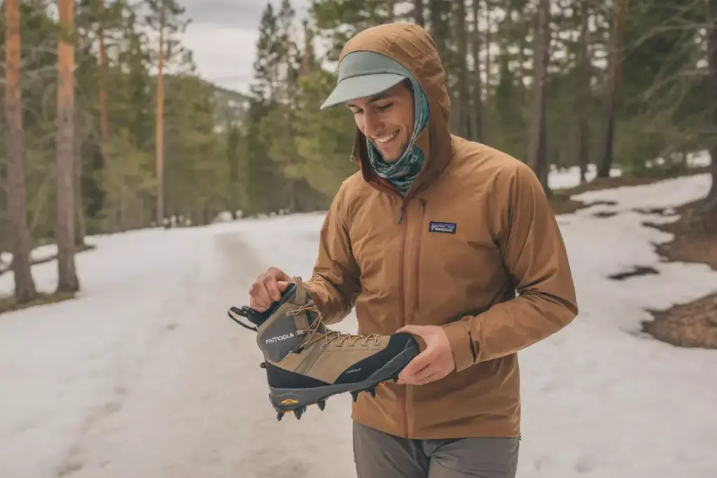 Person in a brown jacket holds a hiking boot on a snowy forest trail, smiling.
