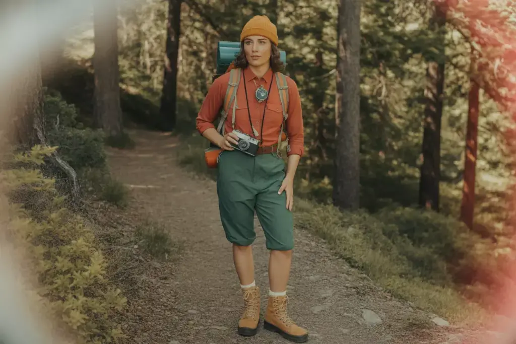 Person in hiking gear stands on a forest trail, holding a camera and wearing a yellow beanie and backpack.
