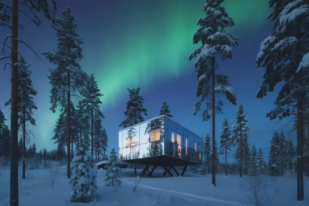 Treehotel Swedish Lapland Mirrorcube Suspended In Snowy Forest With Northern Lights Above