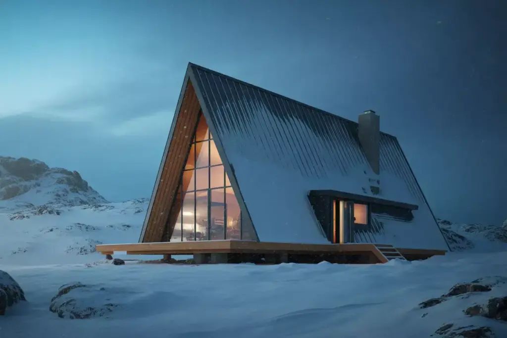 Weather Resistant A Frame Cabin In Winter Storm With Snow Shedding Roof