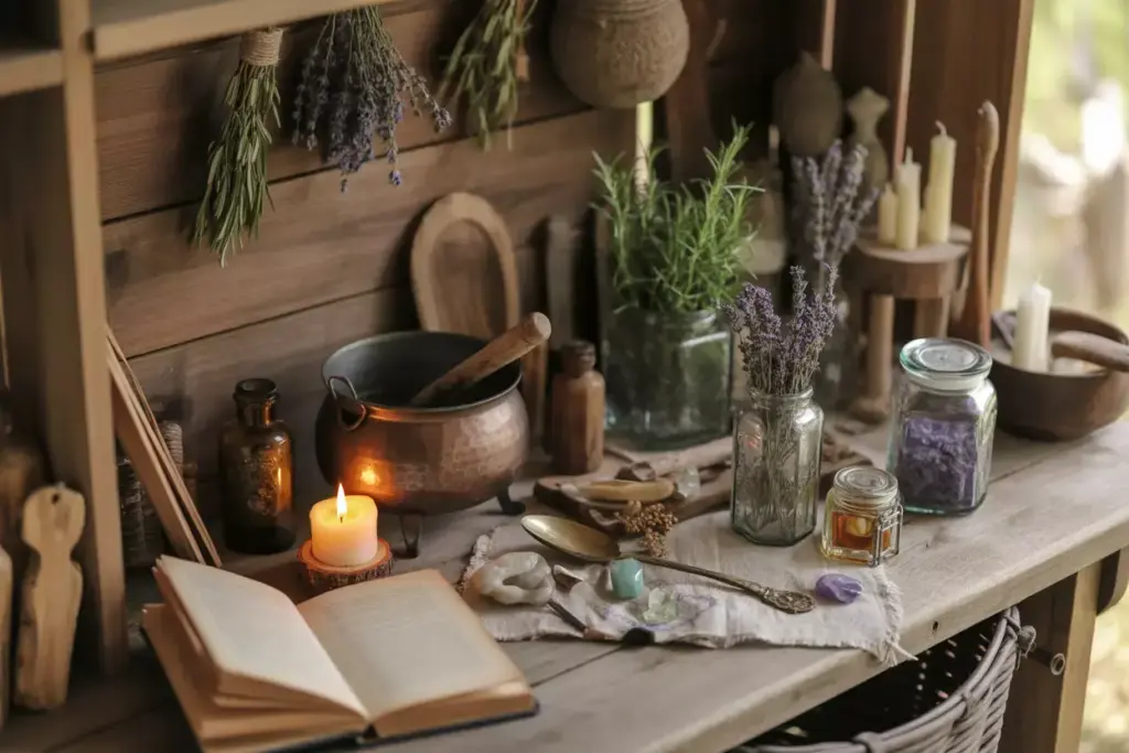 Witchy Cottage Core Tabletop With Apothecary Jars Dried Herbs And Copper Cauldron