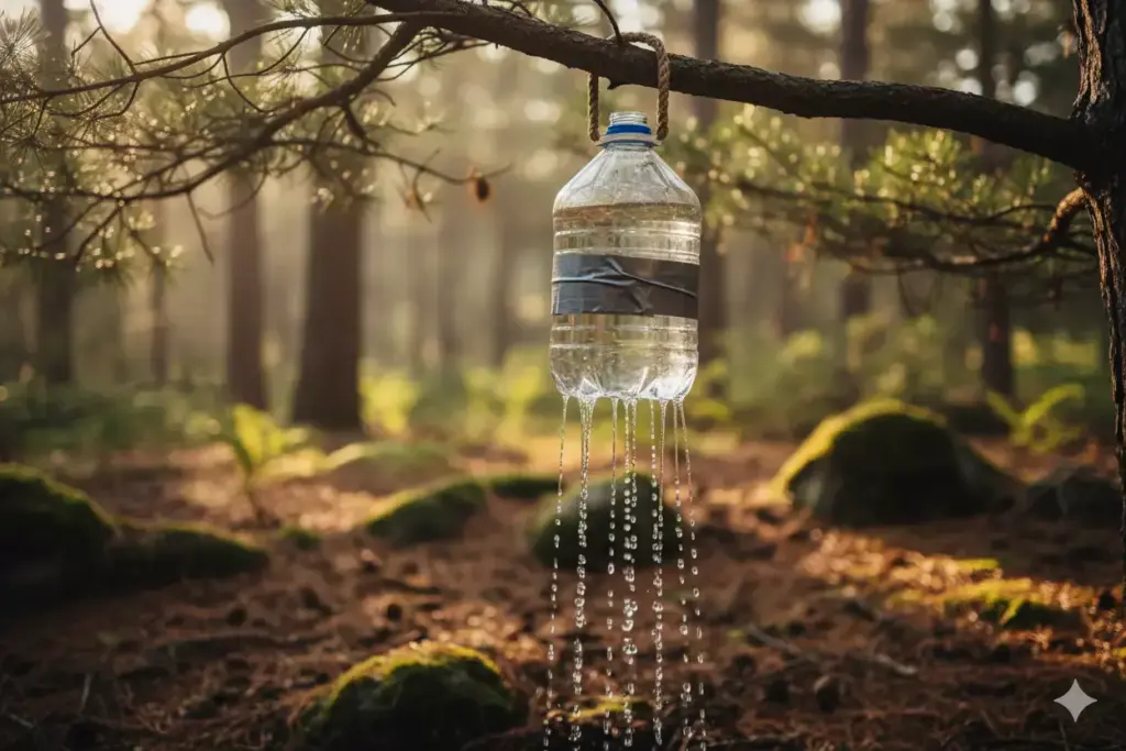 A plastic water bottle leaks from holes while hanging on a tree branch in a sunlit forest.