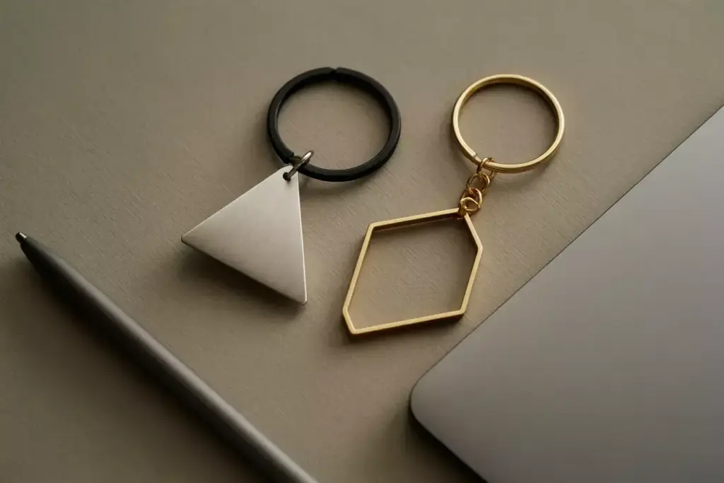 Two geometric keychains and a pen placed beside the corner of a laptop on a beige surface.