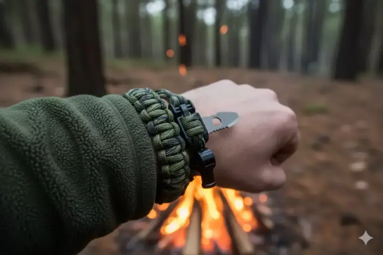 A hand wearing paracord bracelets with a small tool, held up in front of a campfire in a forest.