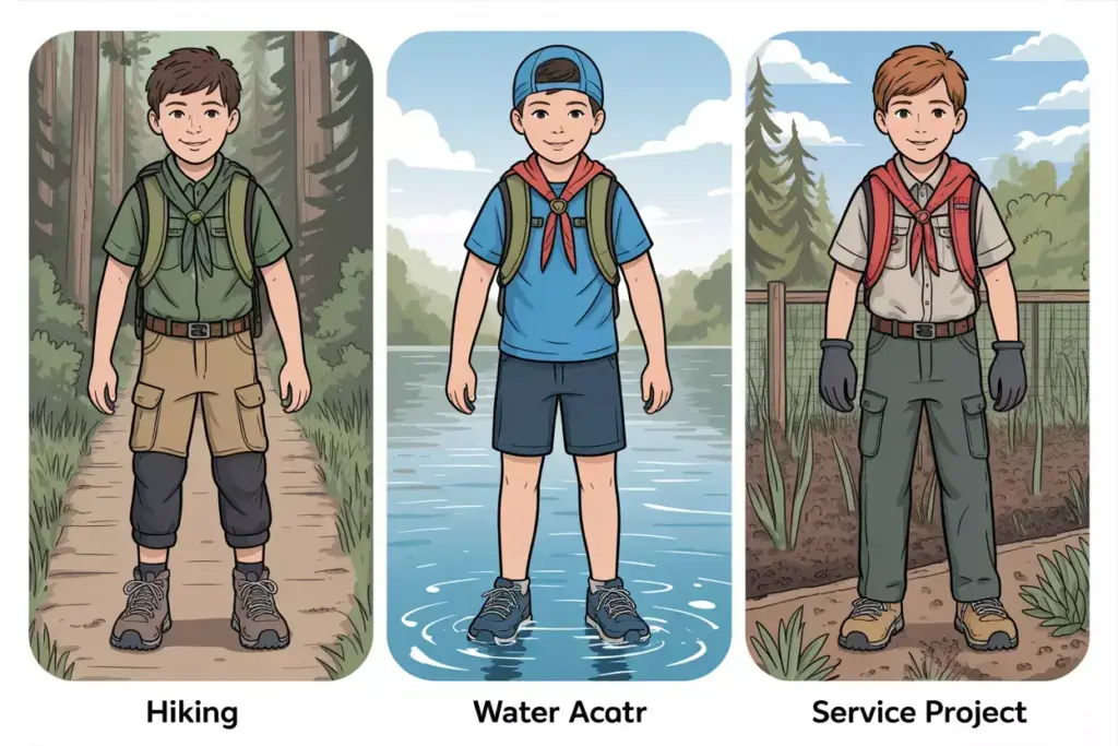 Three boys in scout uniforms: one hiking, one standing in water, and one doing a service project outdoors.