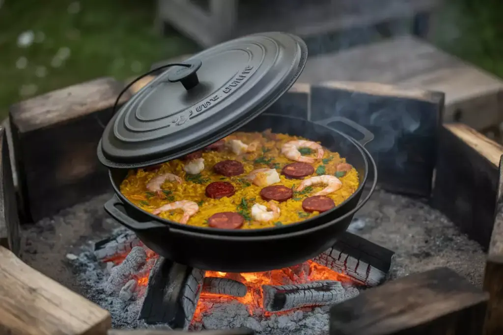 Cast Iron Dutch Oven With Paella Or Chili Cooking In Fire Pit Coals