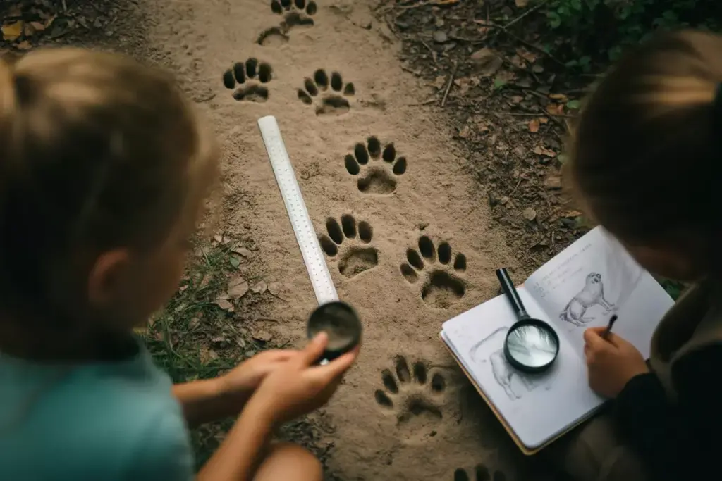 Children Measuring Animal Paw Prints In Forest Soil With Field Notebook