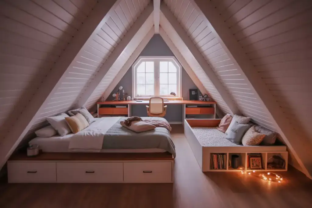 Cozy A Frame Loft Bedroom With Built In Desk And Reading Nook Storage