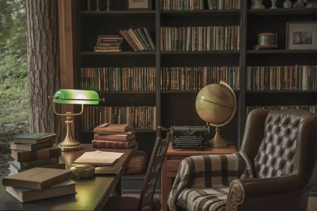 Dark Academia Study Nook With Leather Books Brass Lamp And Antique Globe