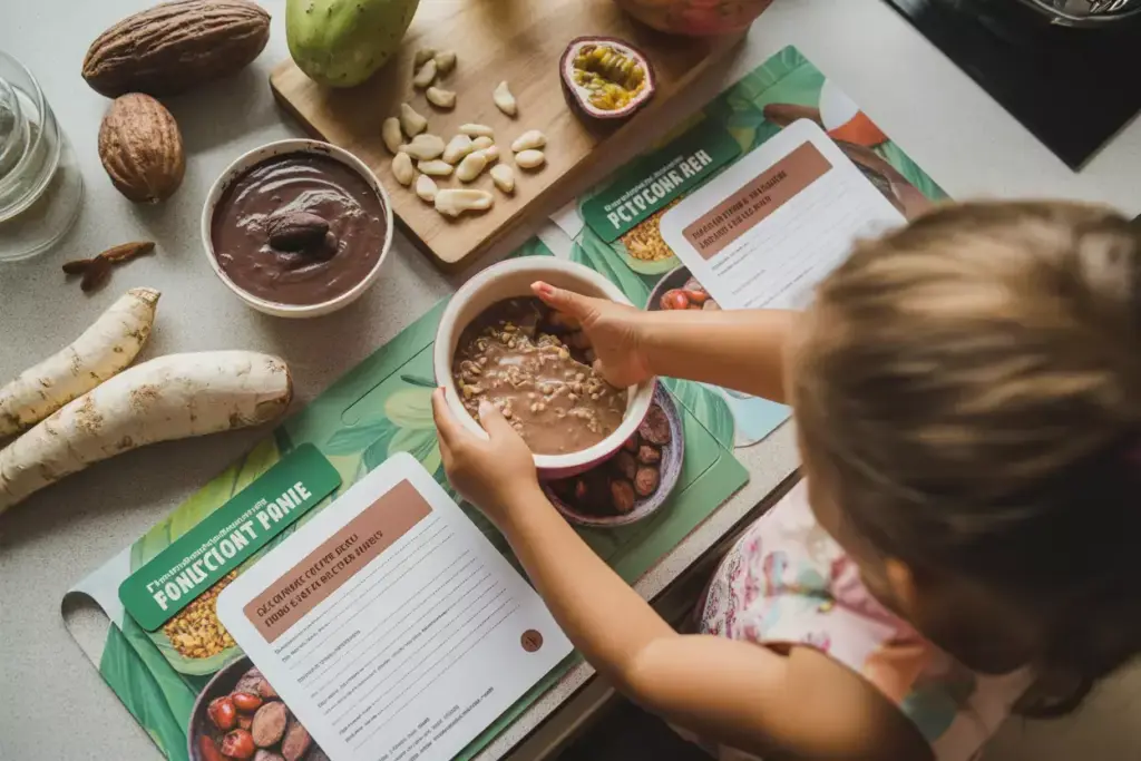 Family Cooking Amazon Foods Like Acai Cacao And Cassava In A Sunlit Kitchen Together