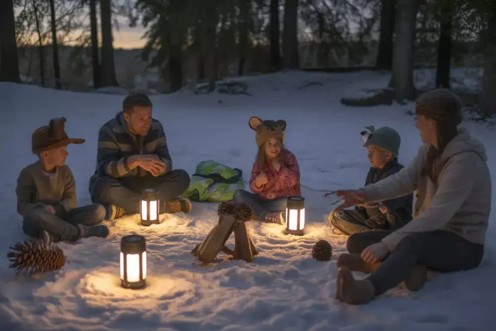 Family Gathered Around Led Lanterns For Winter Forest Storytelling With Animal Props