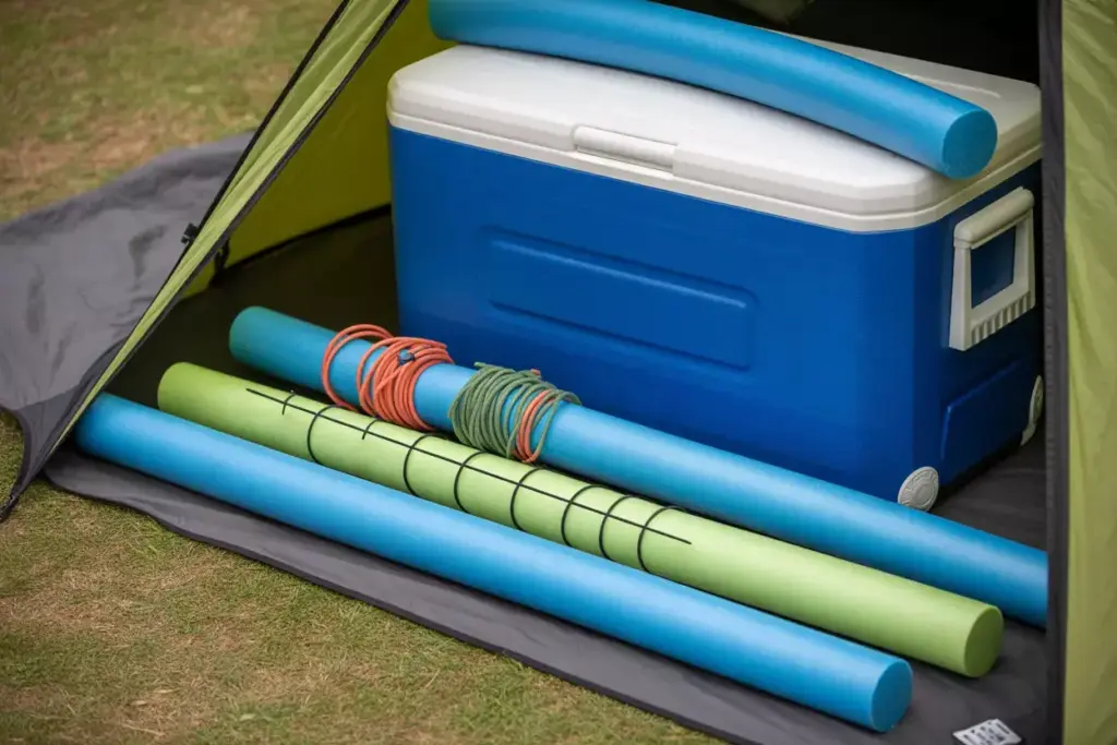 Blue cooler and several pool noodles with rope are inside a tent on a grassy surface.