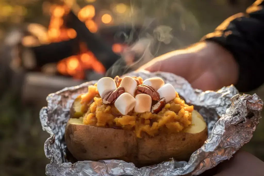3 Foil Wrapped Pumpkin Spice Stuffed Baked Potatoes Marshmallows Pecans Bonfire Reheat Autumn