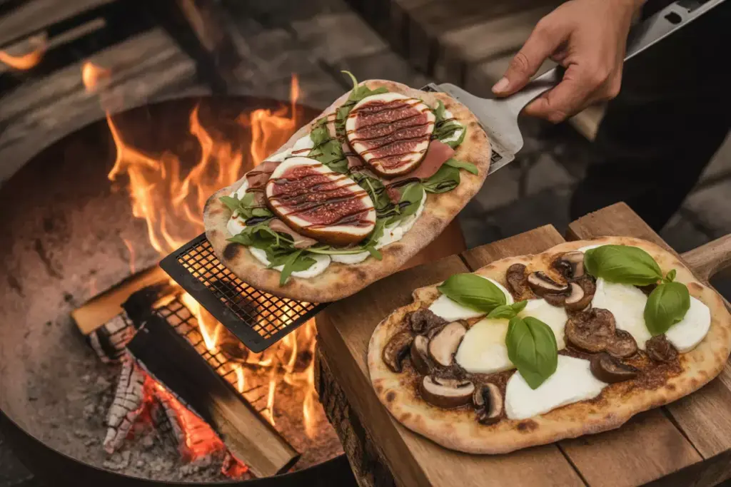 3 Gourmet Flatbreads With Fig Prosciutto And Wild Mushroom Toppings Grilling Over Fire