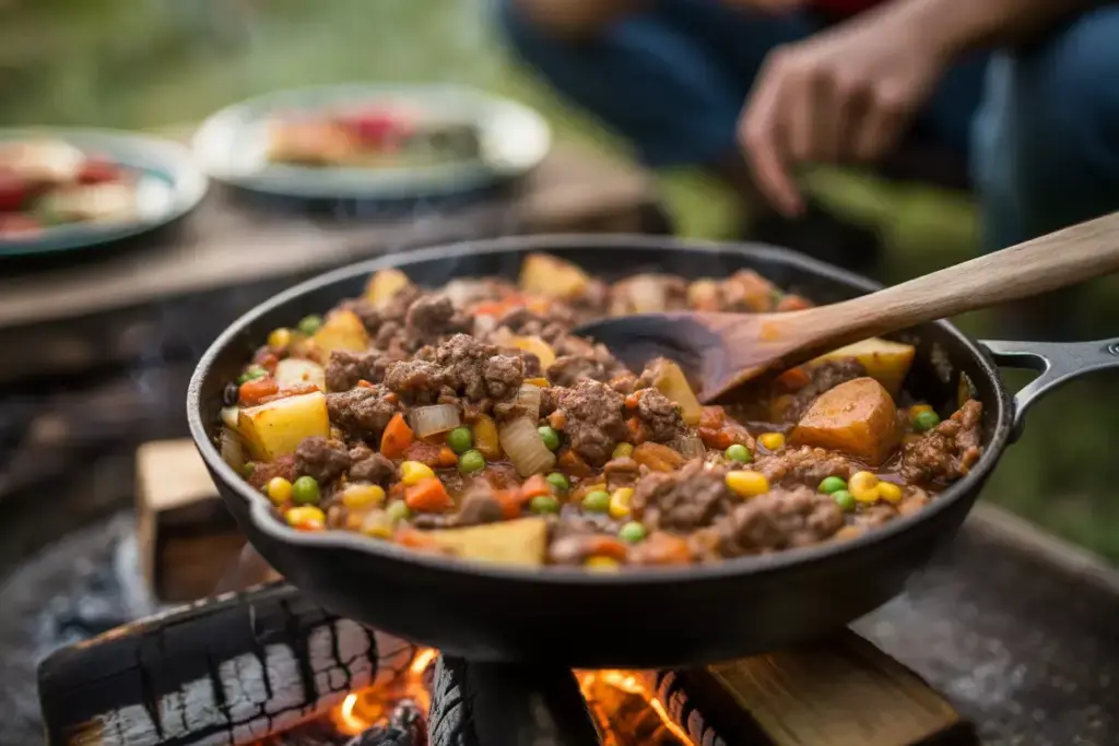 Hearty Beef Potato Skillet Campfire Ground Beef Vegetables Cast Iron Comfort Food Outdoor Cooking