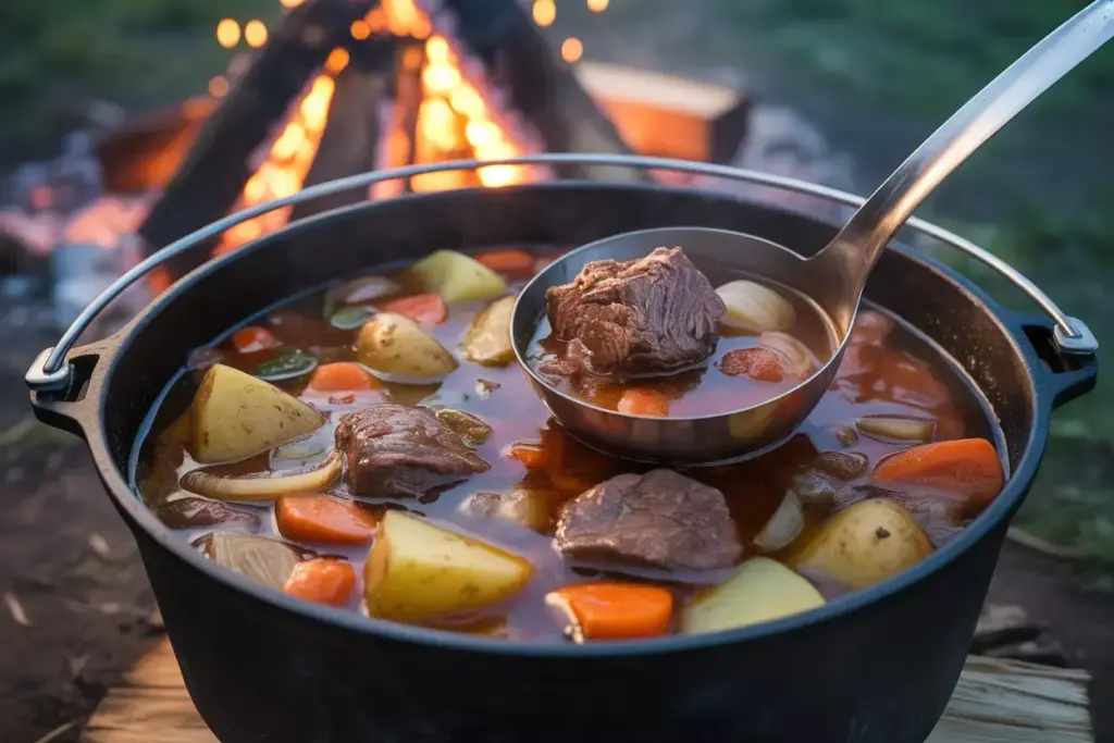 Hearty Beef Stew In Dutch Oven Cooking Over Campfire Coals