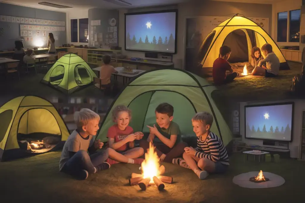 Indoor Camping Simulation With Tents Led Campfire And Storytelling In Classroom Environment