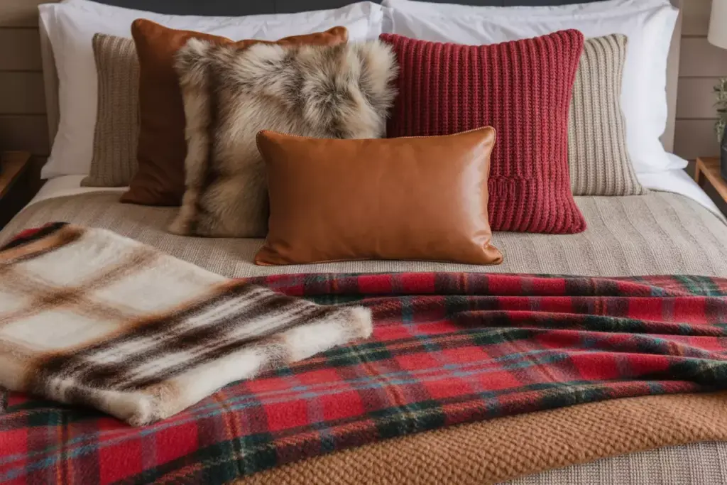 Layered Bed Textiles With Plaid Wool Faux Fur And Knit Blankets