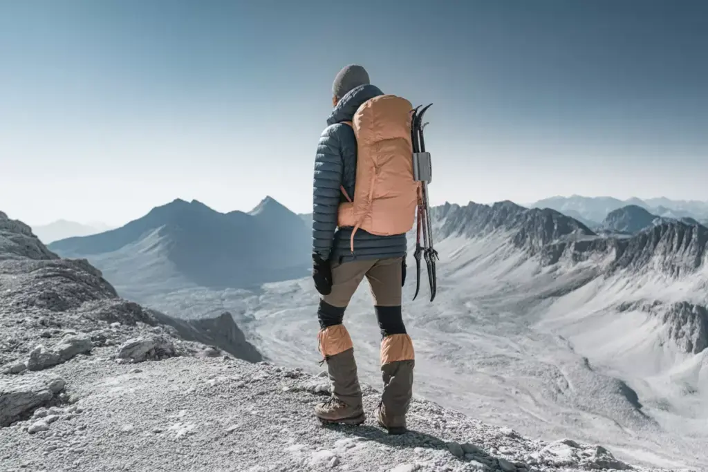 A hiker in winter gear stands on a snowy mountain, overlooking distant peaks under a clear sky.
