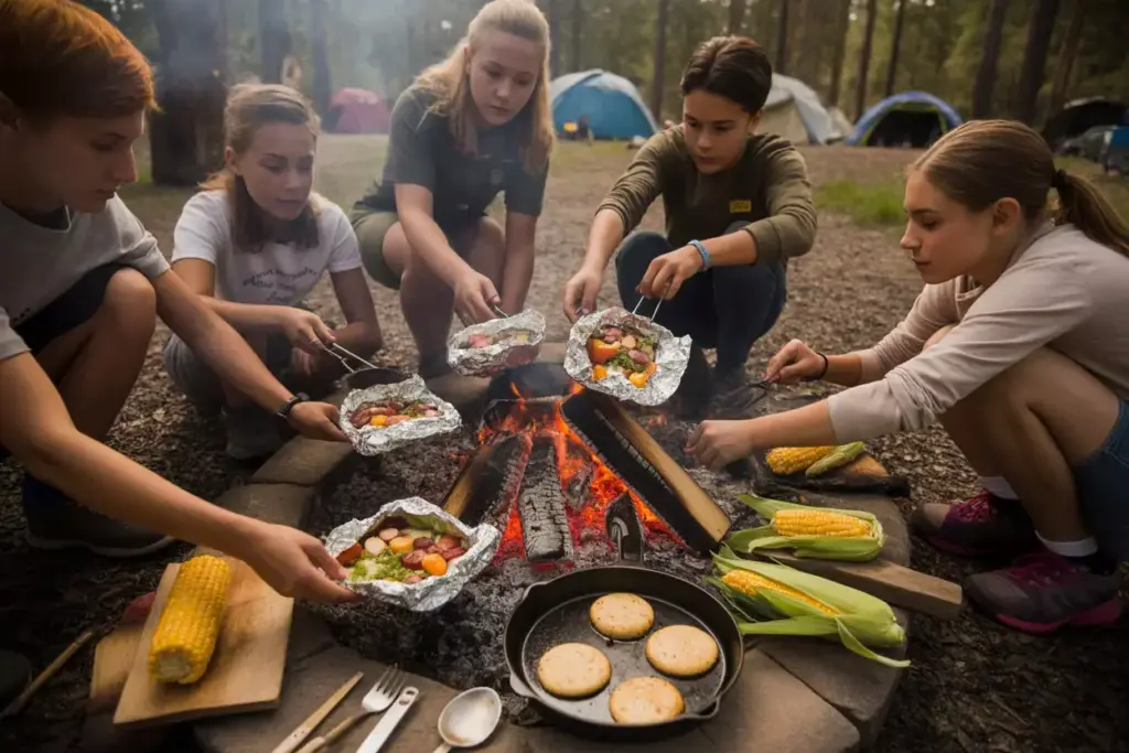 Outdoor Campfire Cooking With Foil Packets Cast Iron Skills And Young Chefs At Summer Camp