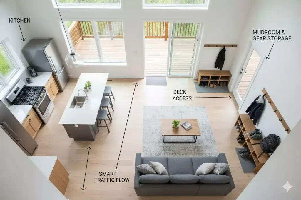 Overhead View Of Cabin Layout Showing Golden Triangle Kitchen Living Room Outdoor Access