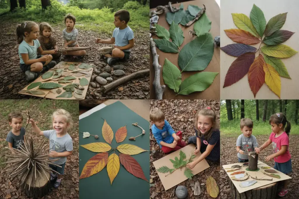 Preschoolers Creating Leaf Rubbings Collages Natural Sculptures Forest Art