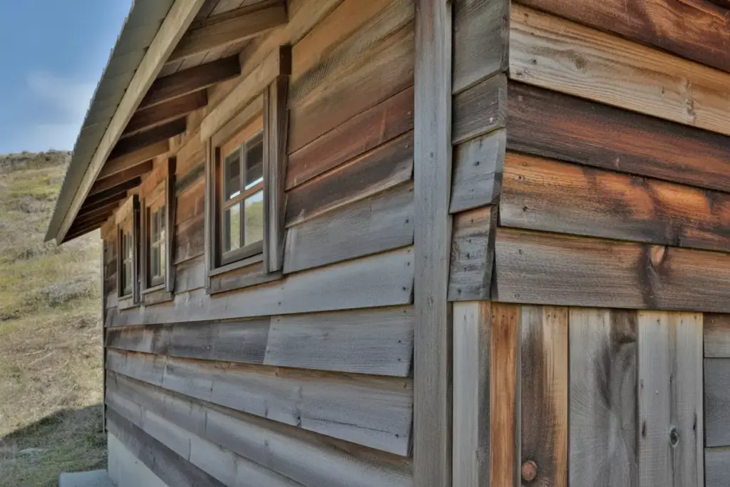 Reclaimed Wood Cabin Exterior With Weathered Barn Siding And Vintage Windows