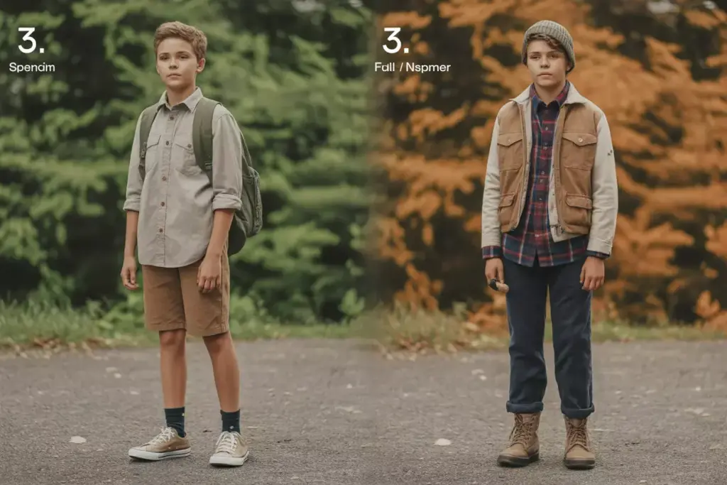Two boys stand outdoors; one wears summer clothes, the other wears fall clothes with a vest and beanie.