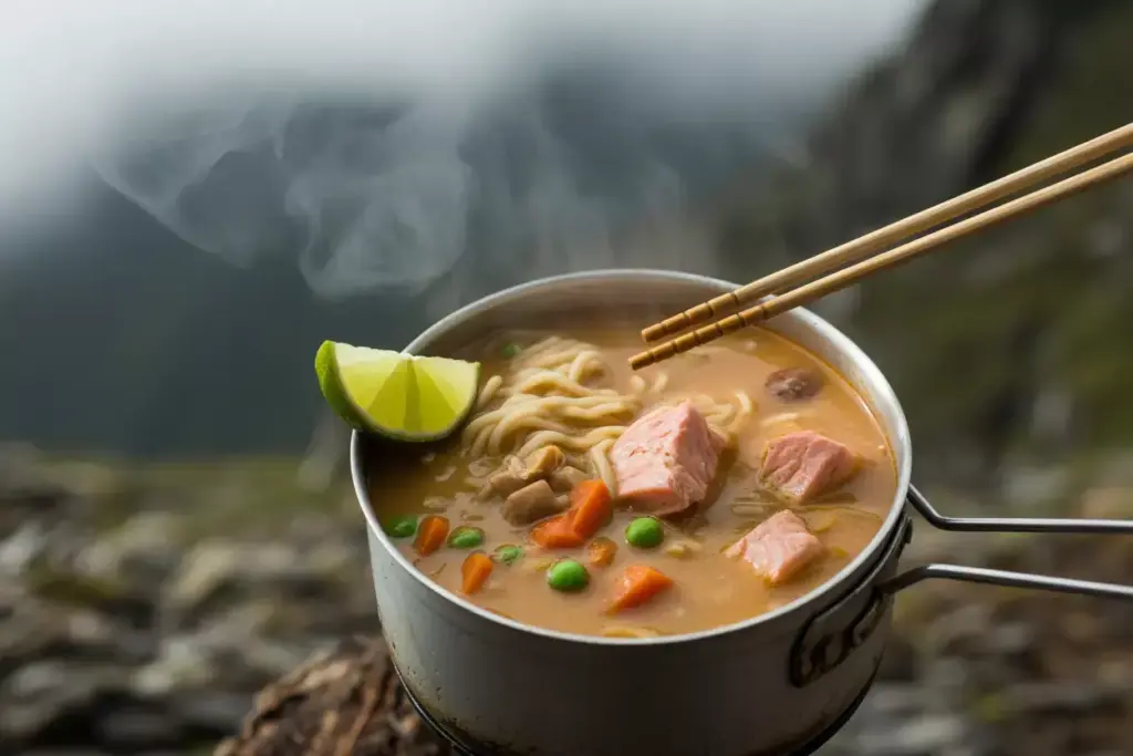 3 Spicy Thai Noodle Soup With Salmon Peanut Broth Lime Camp Stove