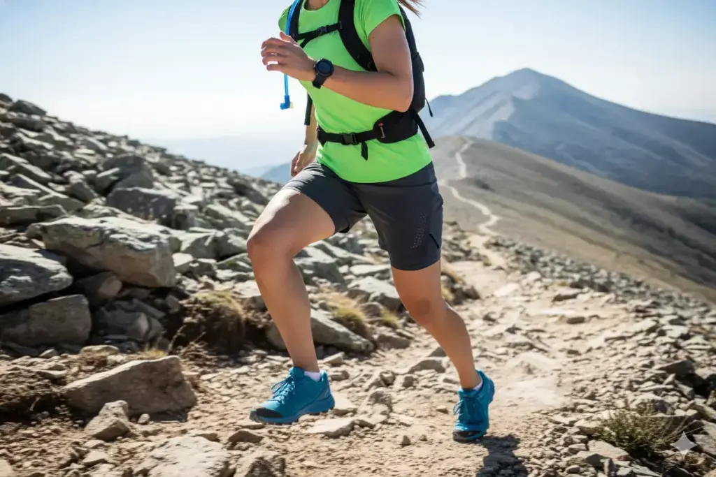 Person trail running up a rocky mountain path, wearing a green shirt, shorts, and blue shoes.