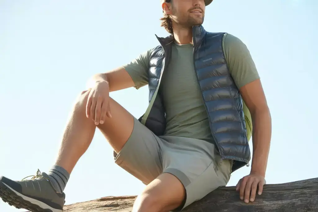 Man in a cap, puffer vest, T-shirt, and shorts sits on a rock outdoors under a clear sky.