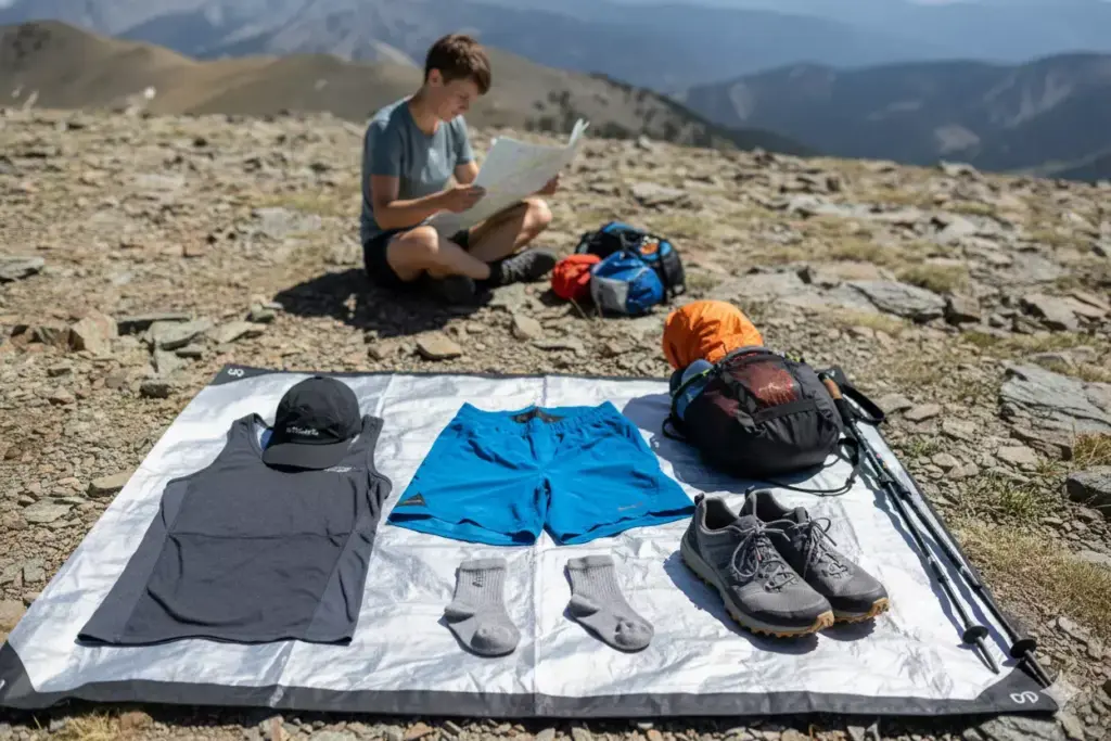 A person reads a map on a mountain trail, with hiking gear neatly laid out on a mat in the foreground.