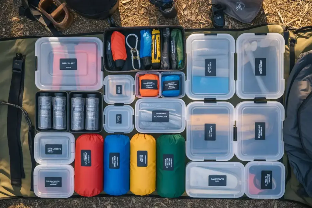 Camping gear and supplies neatly organized in labeled plastic containers and colored pouches on a mat outdoors.