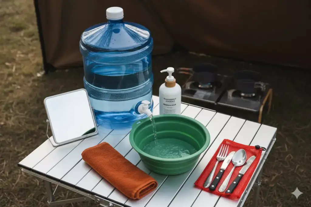 A camping handwashing station with a water jug, basin, soap, mirror, towel, and utensils on a table.