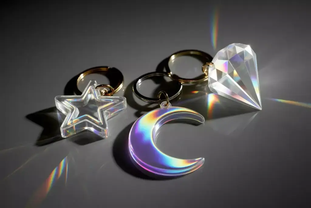 Three iridescent keychains: a star, a crescent moon, and a faceted heart on a dark surface.