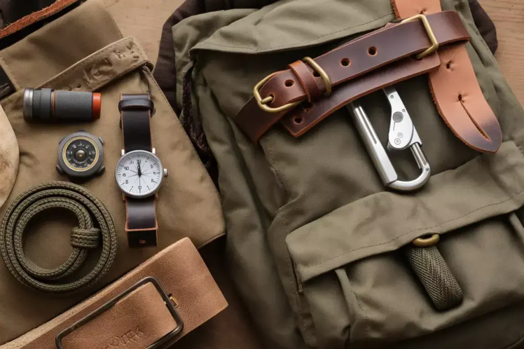 Camping gear including a watch, compass, belt, rope, gloves, and a green backpack with leather straps.