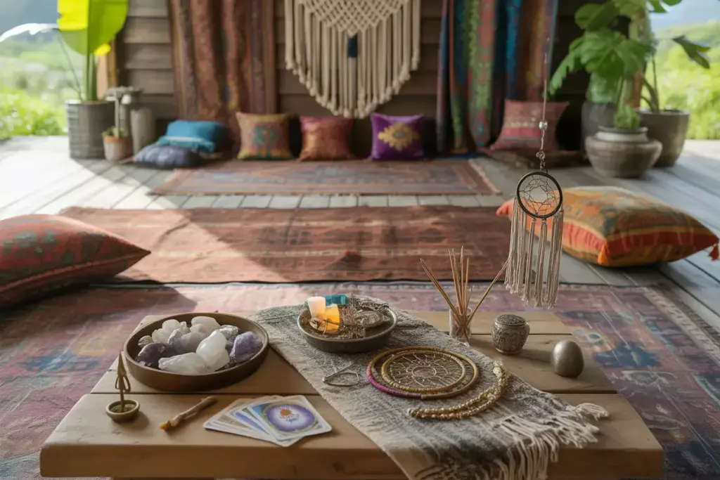 Bohemian Cabin Lounge With Macrame Crystals Tarot Cards And Layered Rugs