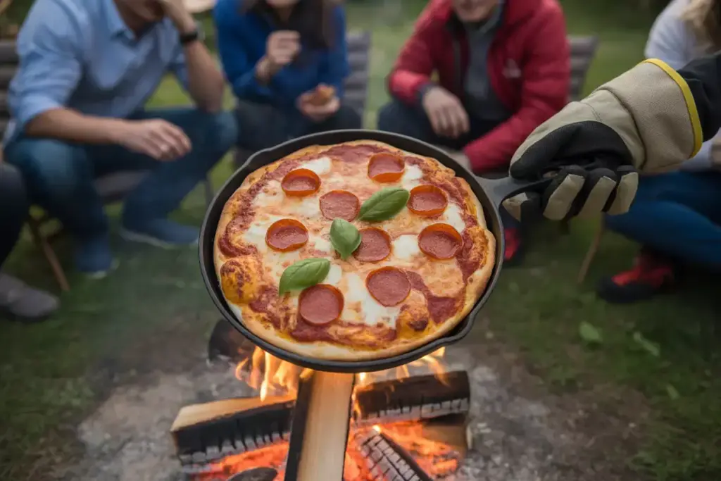 Cast Iron Pizza Perfection Campfire Crispy Crust Melted Cheese Pepperoni Outdoor Cooking Adventure